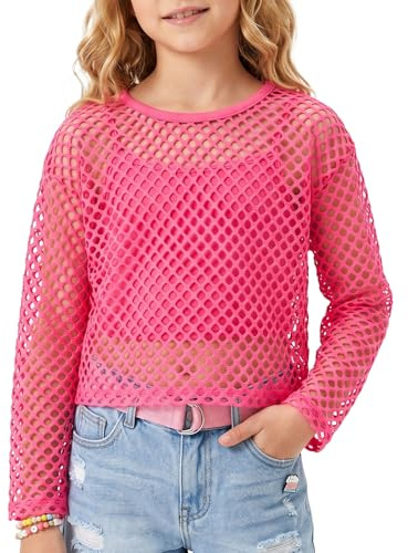 Spring&Gege Girls Mesh Long Sleeve Blouse, Sheer Fishnet See Through T-Shirt, Neon Hollow Out Crop Top, Y2K Retro Rave Party Summer Beach Cover Up Outfit