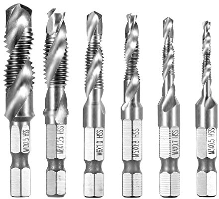 Qibaok 6 piezas brocas para rosca HSS macho de roscar grifo para taladro set de hexagonales drills de vástago Perforación,1/4 Vástago HSS Tornillo Manual, Métrico, Tornillos de Taladro