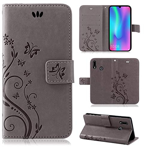betterfon Hülle Kompatibel mit Huawei P Smart (2019) | Premium PU Leder Handyhülle Wallet Case für P Smart (2019) | Schutzhülle Blumen Klapphülle Handyhülle | Grau