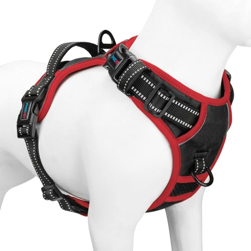 PHOEPET Verbessertes Hundegeschirr ohne Zug, reflektierende, verstellbare Weste, mit Trainingsgriff + 2 Metallleinenhaken + 3 Schnappschnallen + 4 Schiebeschnallen (M, Schwarz)