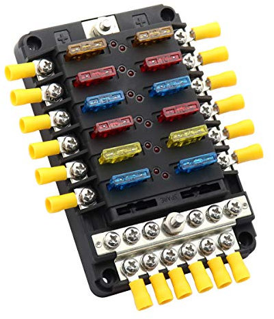 12 Way Fuse Box with Negative Bus Bar 12V 24V DC Blade Fuse Blocks 12 Circuits Fuse Box Holder for Automotive Boat SUV RV Van