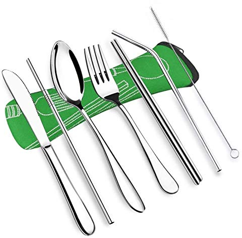Conjunto de vajillas Vajilla de acero inoxidable con cuchillo de cuchillo de manija de paja de trigo Cuchara Cuchara Cena Conjunto Cocina Cubiertos Cutlery Set (Color : Green)
