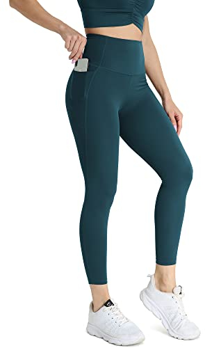 icyzone Damen Sport Leggings 7/8 Hohe Taille Yoga Tights Sport Hose Jogginghose mit Tasche (L, Peacock Green)
