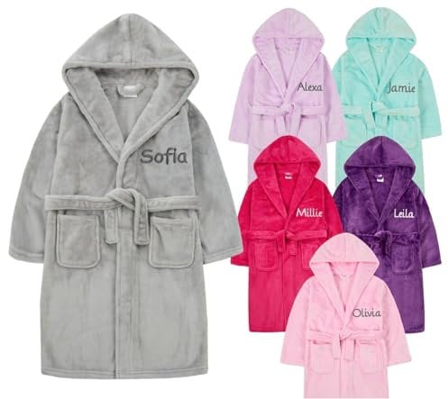 Gembroidery Personalised Kids Bathrobe Fleece Dressing Gown Children Hooded Robe For Boys Girls Teens Plush Super Soft Gift (2-3 years Grey)