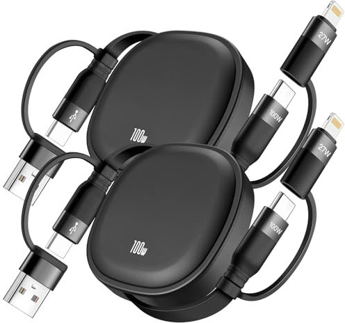 MINLU 5 en 1 Cable Carga Multiple, 100W Retráctil Cable USB Carga Rapida, Retráctil Cable Cargador Multiple, Cable de Carga Rápida con IP/Tipo C/USB A Puerto para IP,iPad,Galaxy,Ps4/5,Tablets