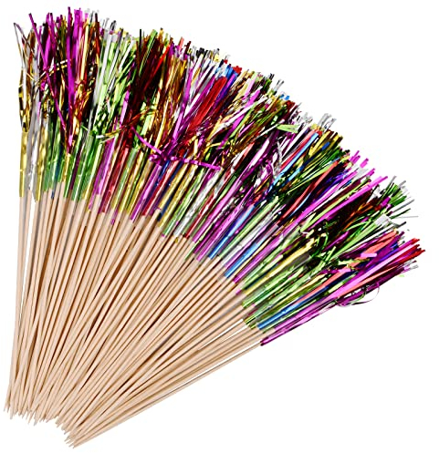 200 Stück Palmen-Picker, 6 Farben, Feuerwerk, Cocktail-Sticks, glitzernde Feuerwerk-Dekorationen, Holz-Cocktail-Topper für Bars, Getränke, Geburtstag, Hochzeit, Kuchen, Obst, Party-Dekoration, Zubehör