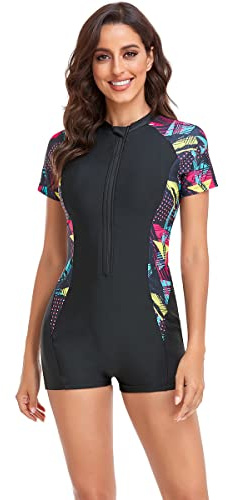 BEACHKINI Costume da Bagno Intero Donna Stampa Maniche Corte con Costumi da Bagno Spiaggia con Cerniera Protezione UV Costumi da Mare Surf da Bagno,48 Nero,XL