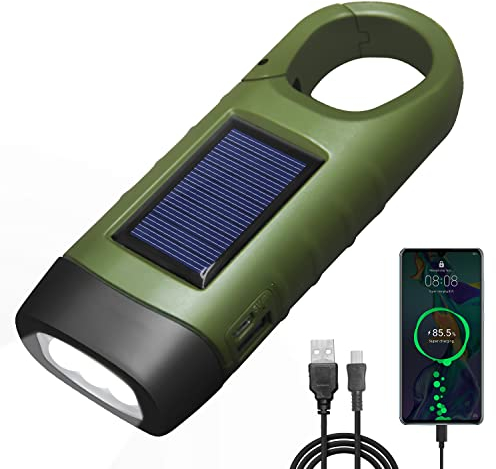 REKALRO Lampe de poche LED Rechargeable USB, Dynamo lampe de poche pour recharger téléphone, Lampe de poche solaire rechargeable avec boucle de randonnée pour urgence/extérieur/camping (vert)