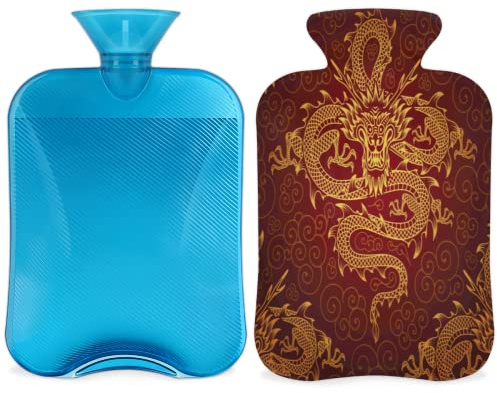 Chinese Animal Dragon Hot Water Bottle with Cover 2L, Red Dragon PVC Hot Water Bag for Hand Feet Warmer, Pain Relief,Hot Compress and Cold Therapy