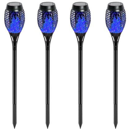 Solar Torch Flame Lights Outdoor Garden, 4 Pack Waterproof Solar Flickering Dancing Flame Pathway Lights Dusk to Dawn Auto On/Off Landscape Decorative for Garden Patio Deck Yard Pathway (Blue)