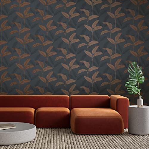 Amara Palm Wallpaper - Modern Wallpaper for Living Room, Bedroom, Fireplace - Decorative Luxury Tropical Wall Paper with Rusty Tone (Navy/Brown)