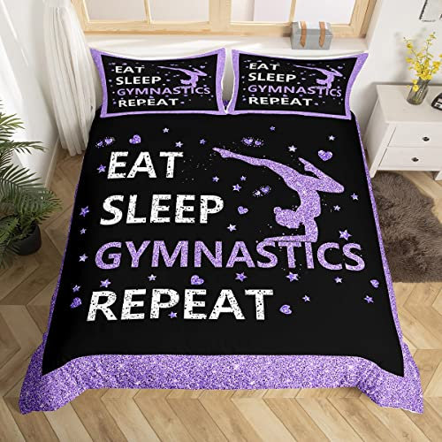 Double Bedding Sets for Girls,Eat Sleep Gymnastics Comforter Cover Purple Black Gymnastics Bed Set for Gymnast Glitter Sequins Love Hearts Stars Decor,1 Duvet Cover with 2 Pillow Cases