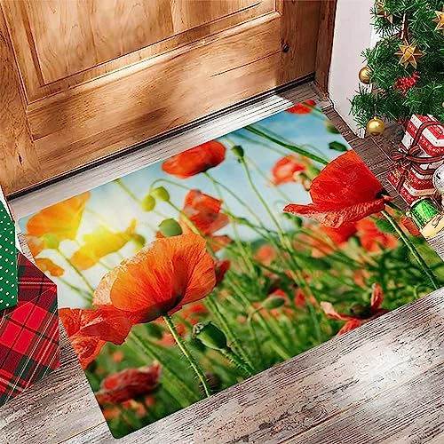 EKSED Badezimmerteppich 60x100 cm,Badematte rutschfest,Weicher Badvorleger,Frühlingsblumen-Mohnblumen-Feld in der Strahlen-Sonne,Mikrofaser Absorbent Badteppich für Badewanne,Dusche und Badezimmer