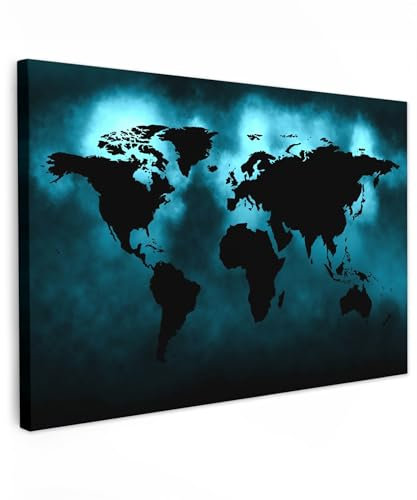 MuchoWow© Leinwandbild Groß 120x80 cm XXL Dekoration Wohnzimmer Bilder Aufhängen Wall Decoration Living Room Wohnungs Deko Moderne Leinwand Bild Weltkarte Wand - Landkarte Welt - Schwarz - Blau