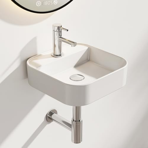 EMKE eckiges Waschbecken, 40 × 40 × 11 cm, Weiß | Keramikwaschbecken, 45 mm-Ablauföffnung, Aufsatz- und Wandmontage, Waschschale für Bad und Gäste-WC