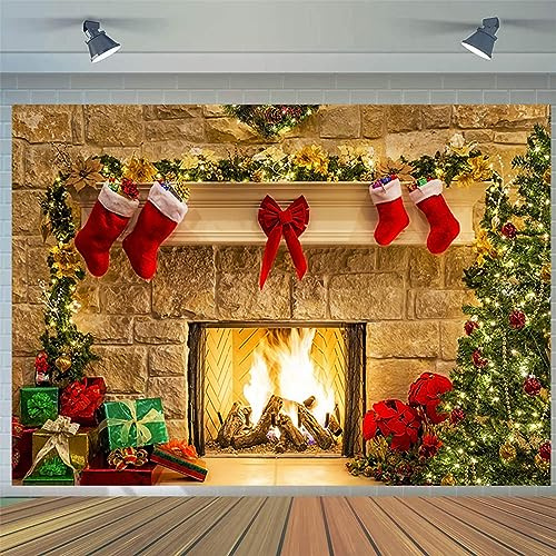 3x2.4m Foto Hintergrund Weihnachten Kamin Vintage Xmas Baum Strümpfe Winter Fotografie Hintergrund Familie Kinder Porträt Fotoshooting Weihnachten Party Dekorationen Banner Fotowand Requisiten