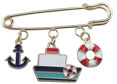 Schmuckbrosche mit Anhängern im maritimen Schiff, Anker und Boje aus vergoldetem Stahl., 5,5 x 2,7 cm, Edelstahl