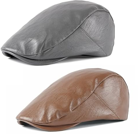 HNJKJEU 2 Stück Schirmmützen für Herren Schiebermütze aus PU-Leder Verstellbar Schiebermütze Flatcap Herren Frühling Herbst Winter Hüte Caps (#0247)