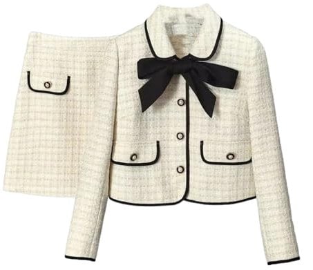 Damen-Tweed-weißer Anzug Jacke Mantel Oberteil und Rock Elegantes zweiteiliges Set passendes Outfit Winter-Jacquard-Kleidung Picture M