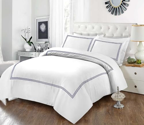 Tamor® Embroided Baratta Stitch Duvet Cover Set with Matching Pillowcases - Ultra-soft Brushed Microfibre – Chic & Modern Design – Easy Care & Machine Washable (White/Navy Blue, Double)