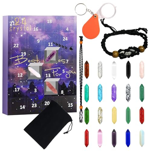 Adventskalender 2023, Kristalle und Heilsteine-Set, 24-Tage-Countdown-Überraschung mit 20 Edelsteinen, Kristall-Halskettenhalter, Lupe, Aufbewahrungstasche, natürliches und reines Sammlungsgeschenk