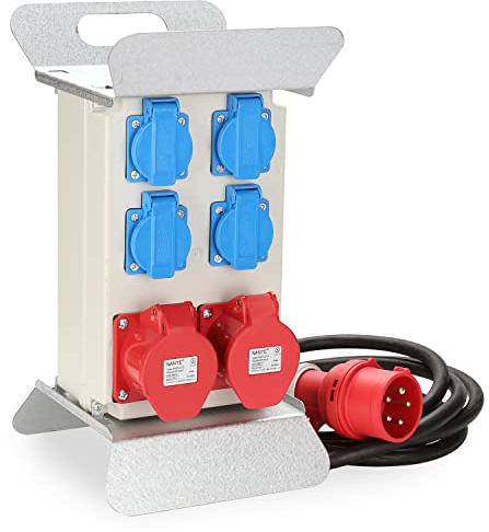 Tysobes Stromverteiler, Wandverteiler, 2x CEE 16A/400V+4x 230V Schuko IP44 5 polig, Baustromverteiler mit kabelsicherem Klappdeckel, für den Innen und Außenbereich, Baustellen