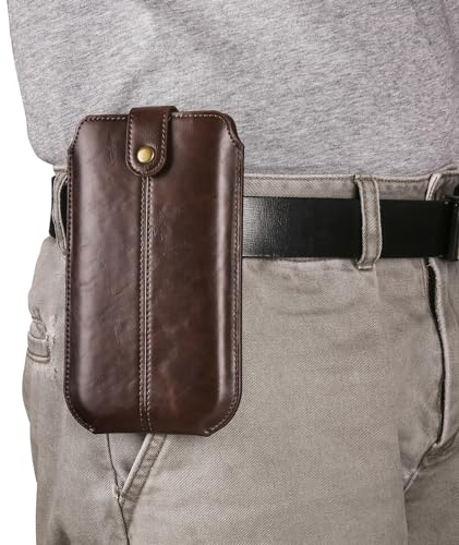 Slim Leather Cell Phone Holster Men Case,Belt Cell Phone Holder, Leather Phone Pouch Compatible with iPhone 14 Pro Max 7.2 inch Universal Smartphone Leather Sheath Compatible with Galaxy S23
