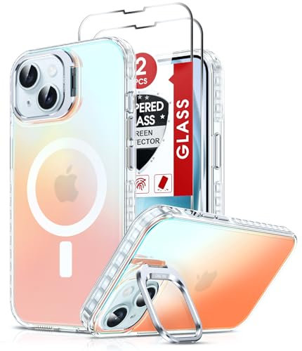LeYi Magnétique Coque pour iPhone 15 Antichoc+2*Verre Trempé,Compatible avec MagSafe+Béquille,Dos Anti Rayures,Etui Translucide Mat Arrière Housse Fine Militaire Case Coque Protection iPhone 15-Blanc