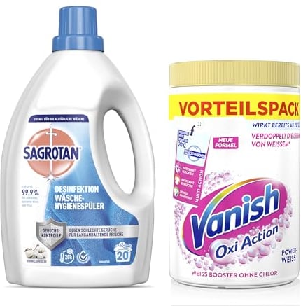 Sagrotan Wäsche-Hygienespüler Frisch, Waschmittel-Zusatz - 1,5 L & Vanish Oxi Action Powerweiss Pulver – 1,65 kg – Fleckenentferner und Wäsche-Booster Pulver ohne Chlor – Für weiße Wäsche