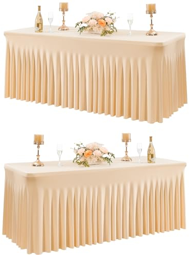 NSSONBEN 2-Pack Champagner Rechteckig Elastische Tischdecke für 180cm Rechteck Tische, Faltenfreie Stretch Tischdecke mit Rock für Bankett Party Hochzeit Geburtstag Muttertag Tischdecken