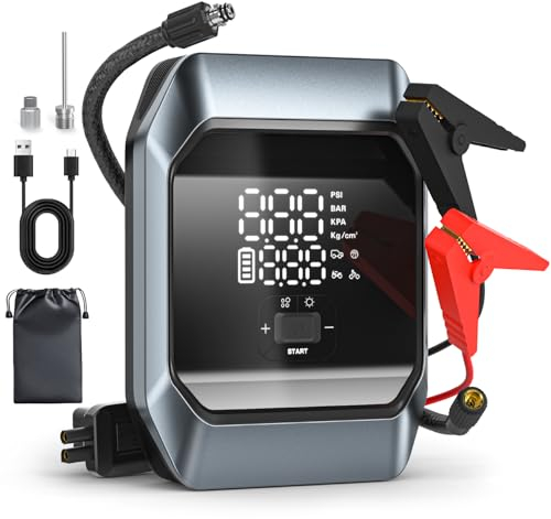 iHomara 2-in-1 Starthilfe Powerbank mit 160PSI Kompressor, 3000A Spitzenstrom Starthilfe Powerbank für 8.5L Benzin und 8.0L Dieselmotor, Starthilfe mit LED-Taschenlampe