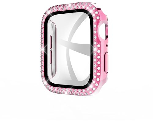 GANGANPRO 2 In 1 Design Harte PC Hülle mit Gehärtetem Glas Displayschutzfolie für Bling Apple Watch 4/5/6/SE,Damen Glitzer-Diamant Smartwatch Abdeckung für iWatch 44 mm Zubehör – Rosa