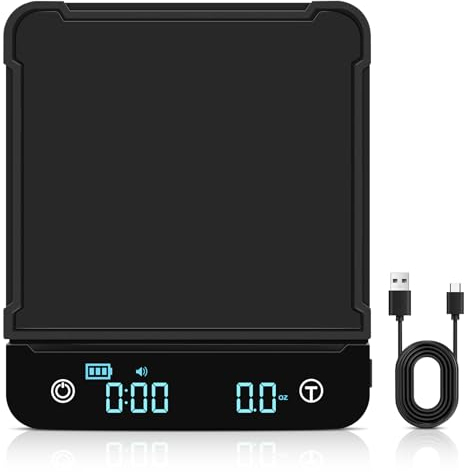 Balance à Café Numérique Precision 0.1g/3kg, Cadrim Balance de Cuisine Rechargeable avec Minuterie, Écran LED et Fonction Tare, Balance Électronique Tactile avec Tapis de Silicone en g/oz/ml (Noir)