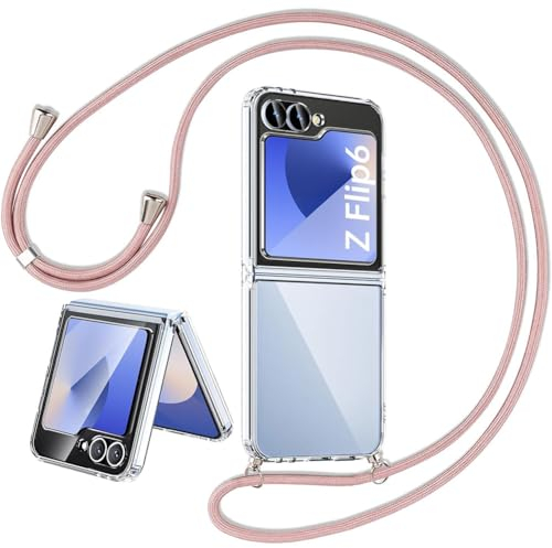 Funda para Samsung Galaxy Z Flip 6/Z Flip 7 FE con Cuerda, Galaxy Z Flip 6/Z Flip 7 FE Carcasa Transparente TPU Suave Silicona Case con Correa Colgante Ajustable Collar Correa de Cuello Cadena Cordón