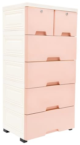 KinHall Kommode mit 6 Schubladen Sideboard, Freistehend Kunststoff Kommode, Mit 4 Räder, 50 x 35 x 102cm (Pink)