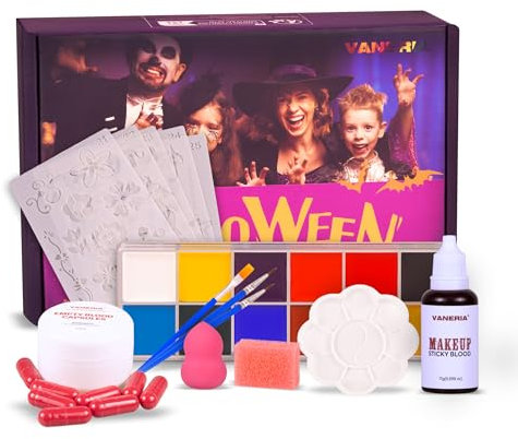 Maquillaje Halloween Profesional, Face Paint Kits,12 Colores Aspecto Pintado + Sangre Falsa + Tatuajes Temporales Plantillas, fiesta de cumpleaños de Halloween de Navidad para adultos.
