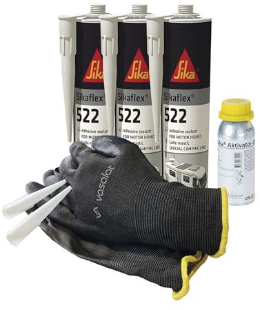 Sika Sikaflex 522 STP Kleber - Wohnwagen Dichtmasse mit Aktivator 205 - ideal zum Abdichten von Alu, Stahl & Kunststoff, 3x 300ml weiß mit 5 Düsenspitzen + Aktivator