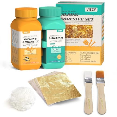 VISCY adesivo per foglia d'oro, 100 ml di foglia d'oro e 100 ml di vernice, 100 pezzi di foglia d'oro, 2 pennelli, cotone per pulire la foglia d'oro, per arte, artigianato e pittura.