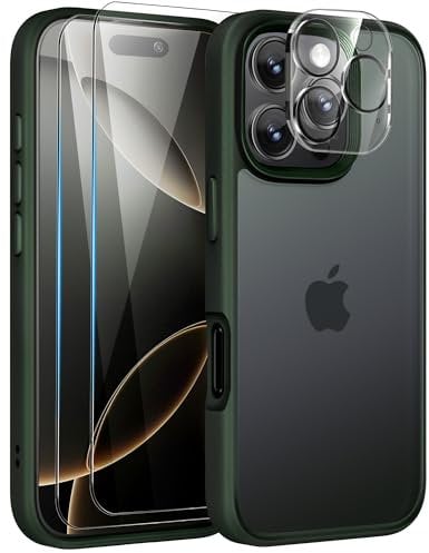 Mootobo for iPhone 16 Pro Case, 4 in 1 Phone Case with 2*Screen Protector + 1*Lens Protector, 10FT Military Grade Drop Protection Case with Anti-Fingerprint Matte Back 6.3 inch - Deep Green