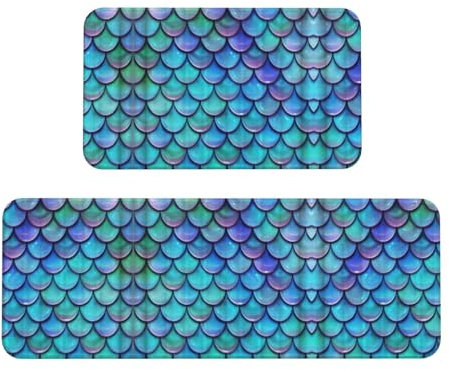 YQxwJL Mermaid Teal Fish Scale Print Kitchen Mat 2 Pcs Kitchen Rug Set Non Slip Waterproof Kitchen Floor Mat,For Hallway Office