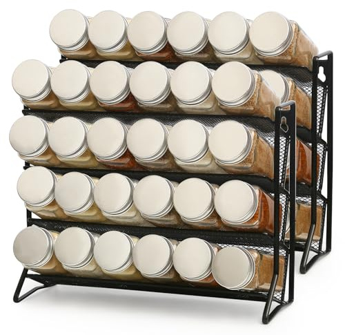 VIAV Design 2PCS 4Tier Spice Rack for Counter Free Standing,Spice Rack for Inside Cupboard Hanging Wall Mounted Spice Seasoning Organiser Spice Jars Bottle Organizer for Kitchen Pantry(Black