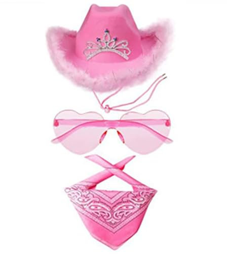 Cowboy Hut Pink Damen Herren Karneval Kostüm Kopfbeckung Faschingskostüme Filzhut, Flauschige Federkrempe Cowboyhüte mit Strass, Mütze für Herren Damen Halloween Karneval Cosplay Kostümparty