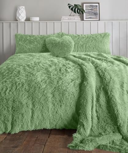 NIGHTZONE Teddy Bear Fleece Long Fur Cuddles Alaska Luxury Duvet Cover Set Warm Cosy Soft Teddy Bedding Set (King, Sage Green)