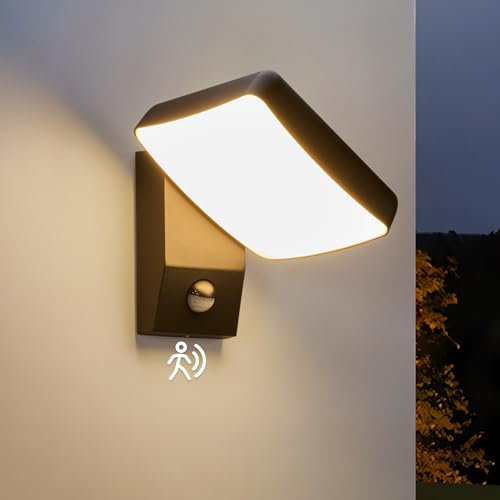 Leselux 18W Outside Lights with Motion Sensor, IP65 Waterproof Outdoor Wall Light with Swiveling LED Panel, Modern Square Porch Front Door Light for Terrace Hallway, Black, 1600LM, Warm Light 3000K