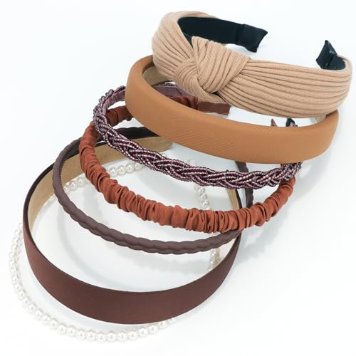 VELSCRUN Headbands for Women 7 Pcs Different Dark Brown Knotted Solid Pearl Head Bands Non Slip Hair Band for Womens Gilrs Thin Thick Short Hair Fashion Accessories