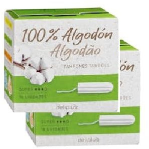 Super Deliplus Tampons, 100 % Baumwolle, reichlich fließend, 2 Boxen mit 18 Stück [36 Stück]