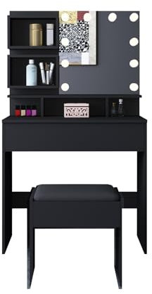 Komtopod Schminktisch mit LED-Beleuchtung, Frisiertisch mit Einstellbarem Spiegel, Kosmetiktisch mit 1 Schublade und Offenen Regalen, Moderne Holzkommode für das Schlafzimmer, 70x40x140cm, Schwarz