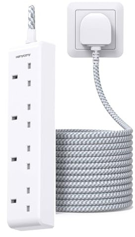 4 Way Extension Lead 5M, HANYCONY Extra Long Plug Extension Cord with Braided Cable, 13A 3250W Power Strip Socket for Home, Office, Garage, Garden, Workshop, Camping Accessories, White