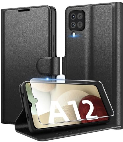 Eirltiy Handyhülle für Samsung Galaxy A12 / M12 Hülle Premium PU Leder, Wallet Kartenfach Standfunktion Schutzhülle Stoßfeste Klapphülle Flip Case mit 1 Schutzfolie Schwarz