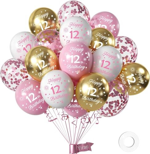 Weiß Rose Gold 12 Geburtstag Deko,16 Stück Luftballons Geburtstag Deko 12 Jahre Mädchen,Happy Birthday Ballons Rose Gold Deko Set,Happy Birthday Ballonn für Party Dekoration,Geburtstagsparty